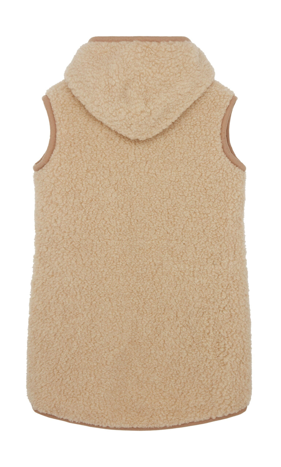 Plümo- Long Rambler Gilet - Natural: beige, sleeveless sherpa fleece hooded gilet shown from the back.