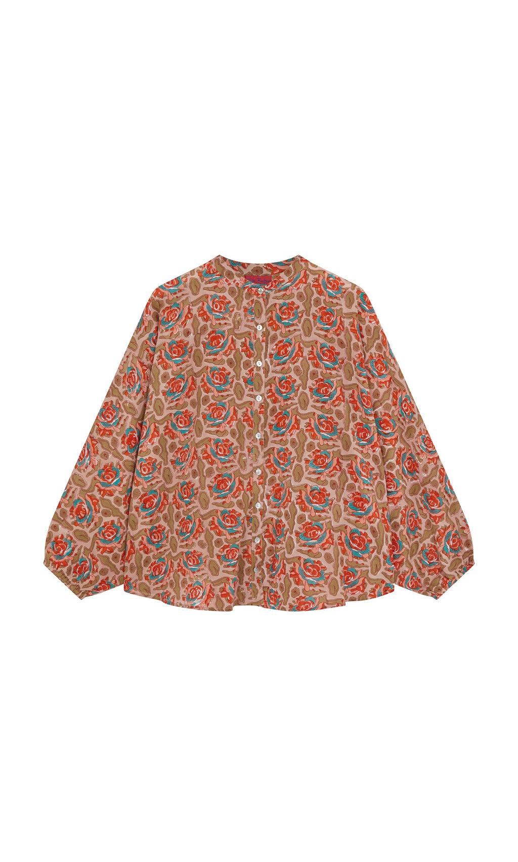 Plümo- The Lotus Flower Blouse is an ethical, loose cotton top with red and green floral block prints on beige.