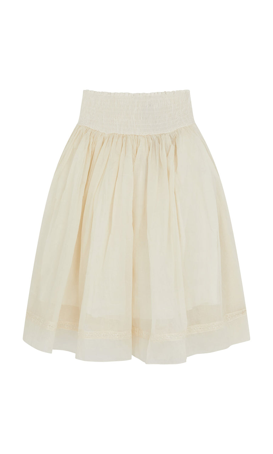 Plümo- Lou Organza Skirt: knee-length, vintage-inspired, with a wide gathered waistband and sheer organza overlay in ivory.