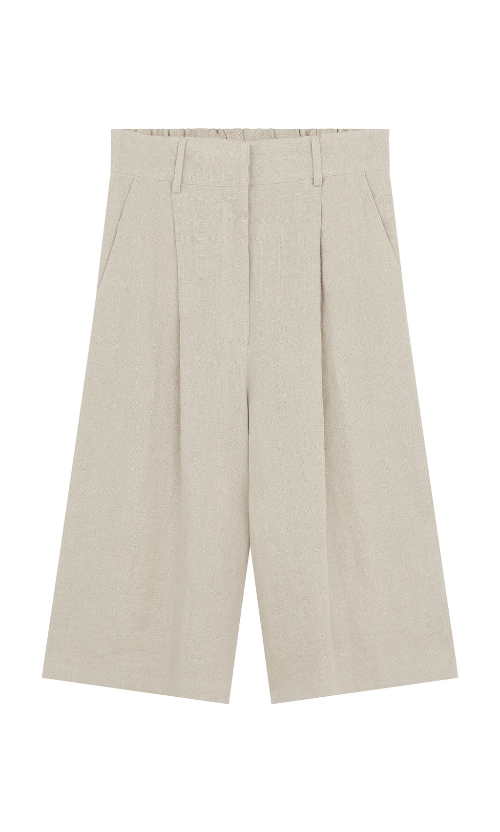 Plümo- Lucien Shorts - Natural: Beige Italian linen Bermuda shorts, knee-length with pleats, belt loops, and side pockets.