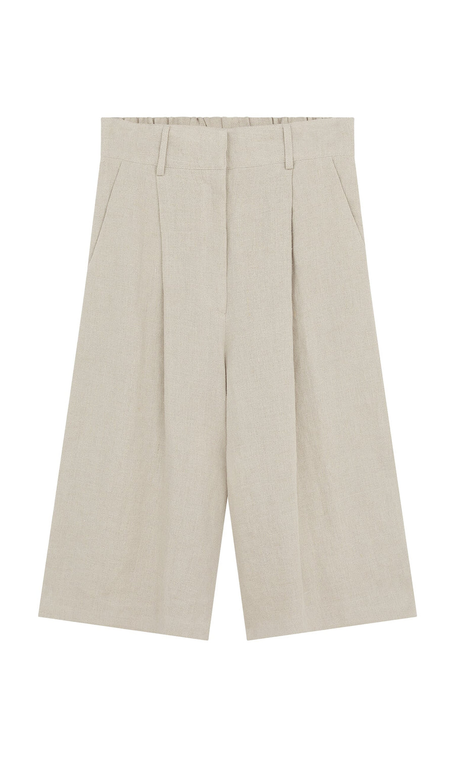 Plümo- Lucien Shorts - Natural: Beige Italian linen Bermuda shorts, knee-length with pleats, belt loops, and side pockets.