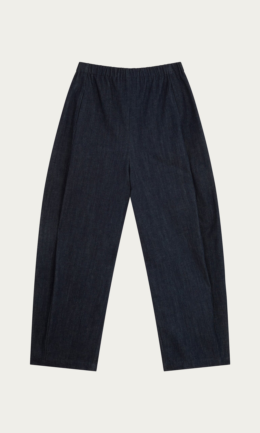 Plümo- Lugo Barrel Jeans in dark indigo denim, elastic waist, wide legs, no visible pockets, laid flat on white.