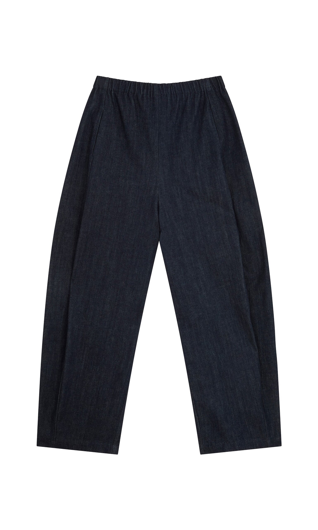 Plümo- Lugo Barrel Jeans in dark indigo with elastic waist, shown flat on a white background.