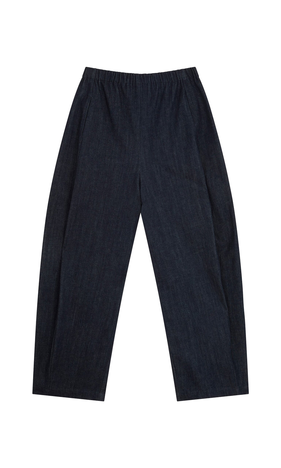 Plümo- Lugo Barrel Jeans in dark indigo with elastic waist, shown flat on a white background.