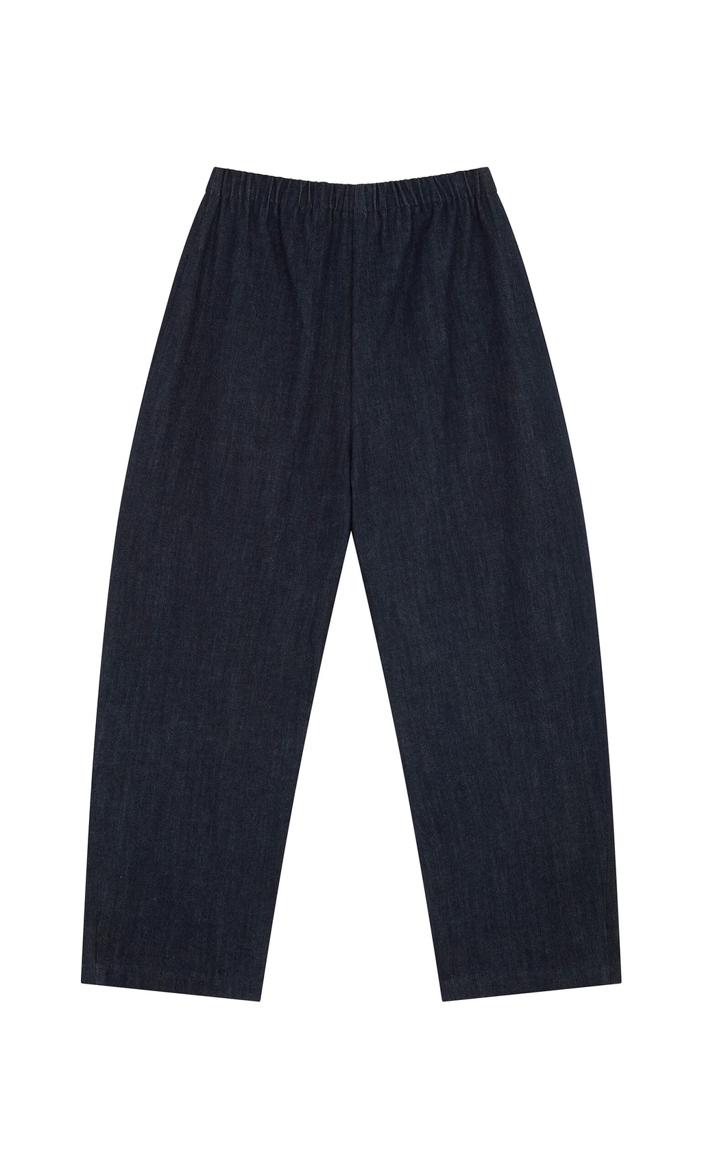 Plümo- Lugo Barrel Jeans in dark indigo with wide-leg, barrel shape, and elasticated waist, laid flat on white background.