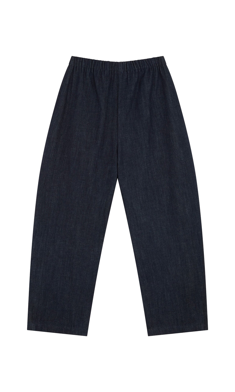 Plümo- Lugo Barrel Jeans in dark indigo with wide-leg, barrel shape, and elasticated waist, laid flat on white background.