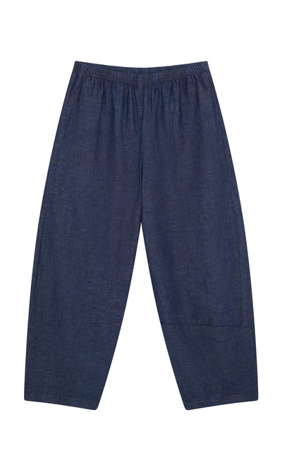 Plümo- Mara Barrel Pants with an elastic waistband and loose barrel leg, in indigo, shown flat on a white background.