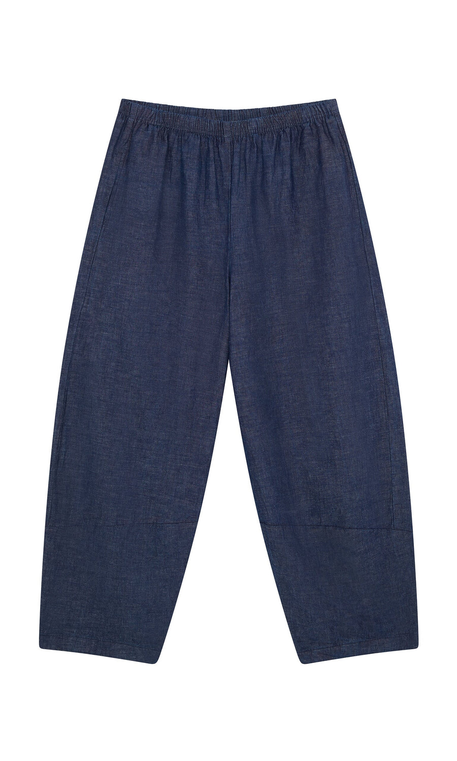 Plümo- Mara Barrel Pants with an elastic waistband and loose barrel leg, in indigo, shown flat on a white background.