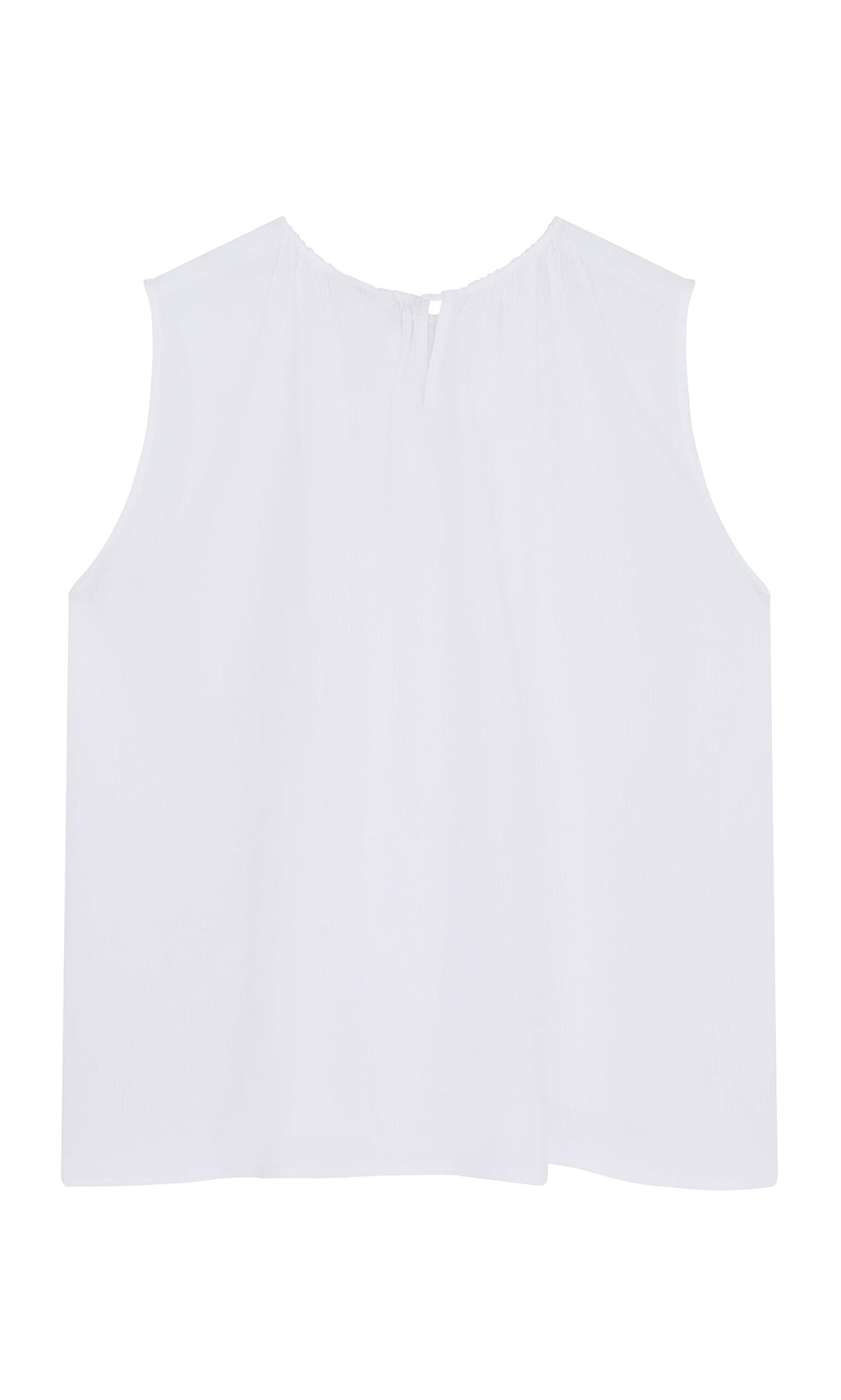 Plümo- The Marie Top - White is a sleeveless shell top with a round neckline, side slits, and back button detail.