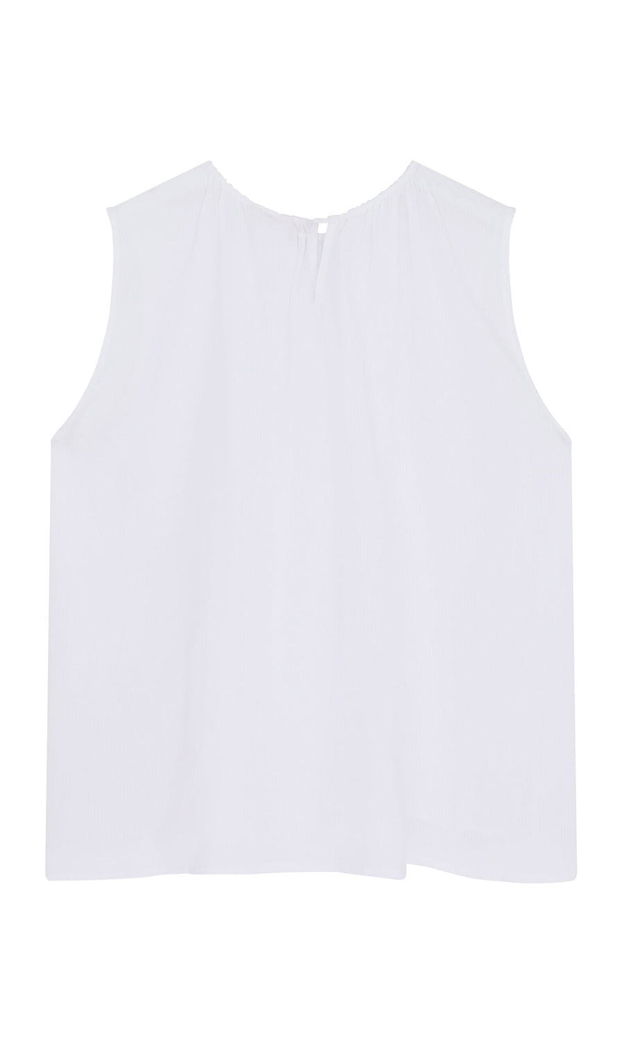Plümo- The Marie Top - White is a sleeveless shell top with a round neckline, side slits, and back button detail.
