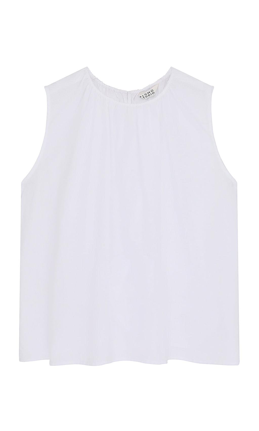 Plümo- Marie Top - White: Sleeveless shell with a round neckline, side slits, and airy fabric on a plain background.