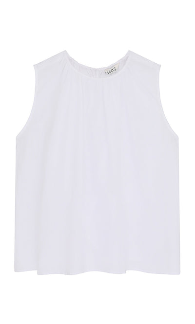 Plümo- Marie Top - White: Sleeveless shell with a round neckline, side slits, and airy fabric on a plain background.