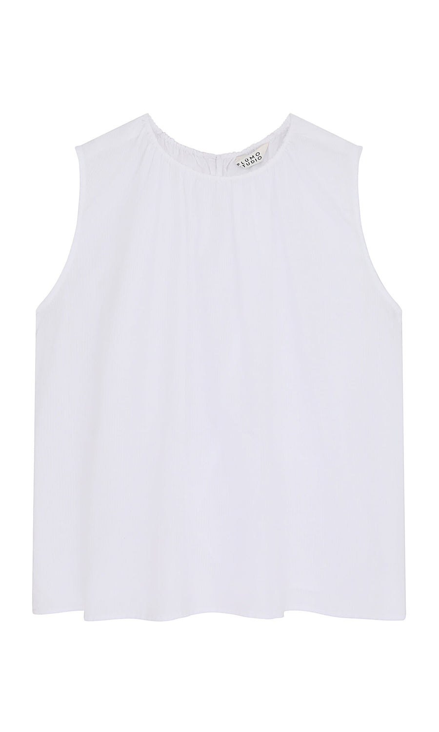 Plümo- Marie Top - White: Sleeveless shell with a round neckline, side slits, and airy fabric on a plain background.
