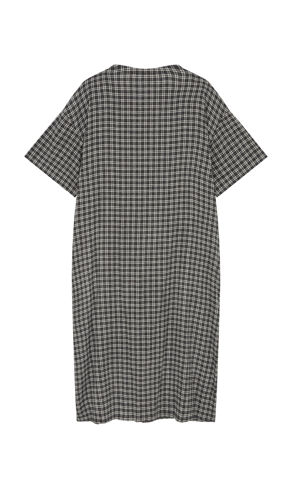 Plümo- Back view of the Marin Dress - Plaid, a loose-fitting sustainable hemp dress with short sleeves on white background.