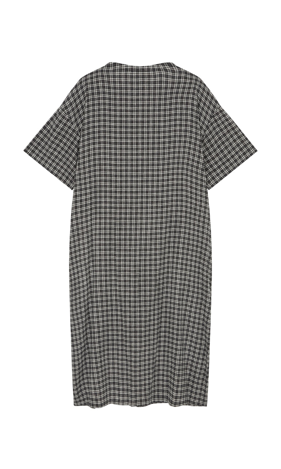 Plümo- Back view of the Marin Dress - Plaid, a loose-fitting sustainable hemp dress with short sleeves on white background.