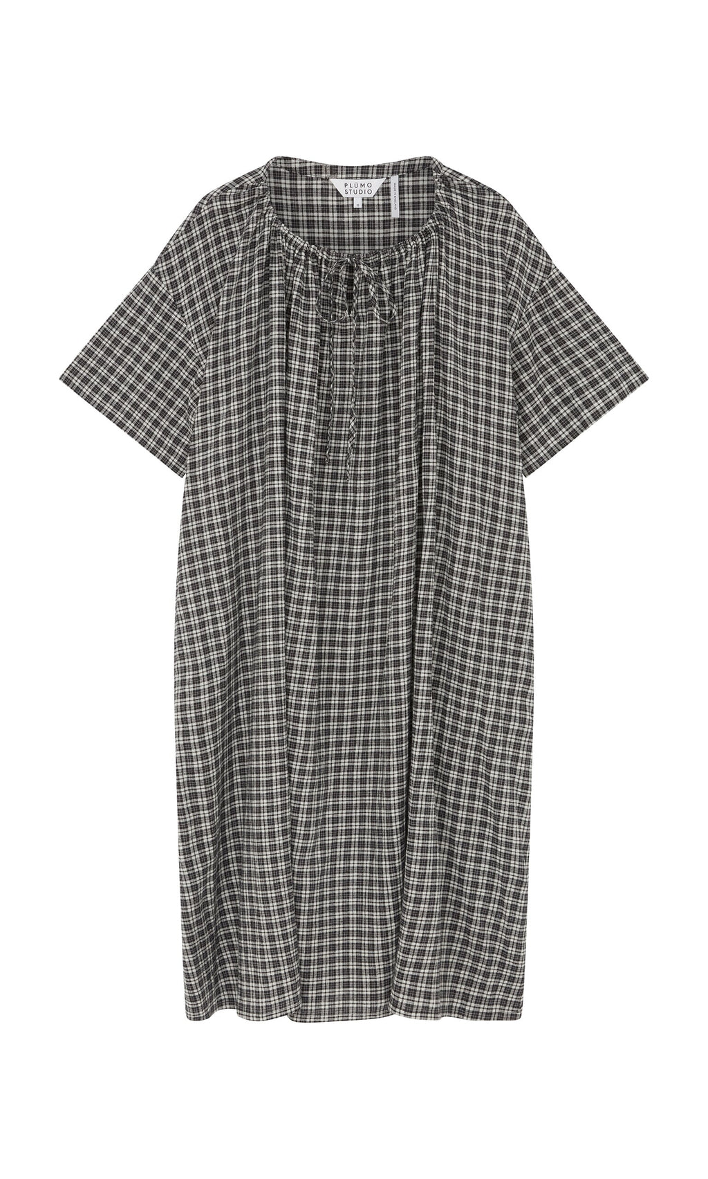 Plümo- The Marin Dress - Plaid is a loose-fit, short-sleeve dress from London with a gathered neckline and front tie.