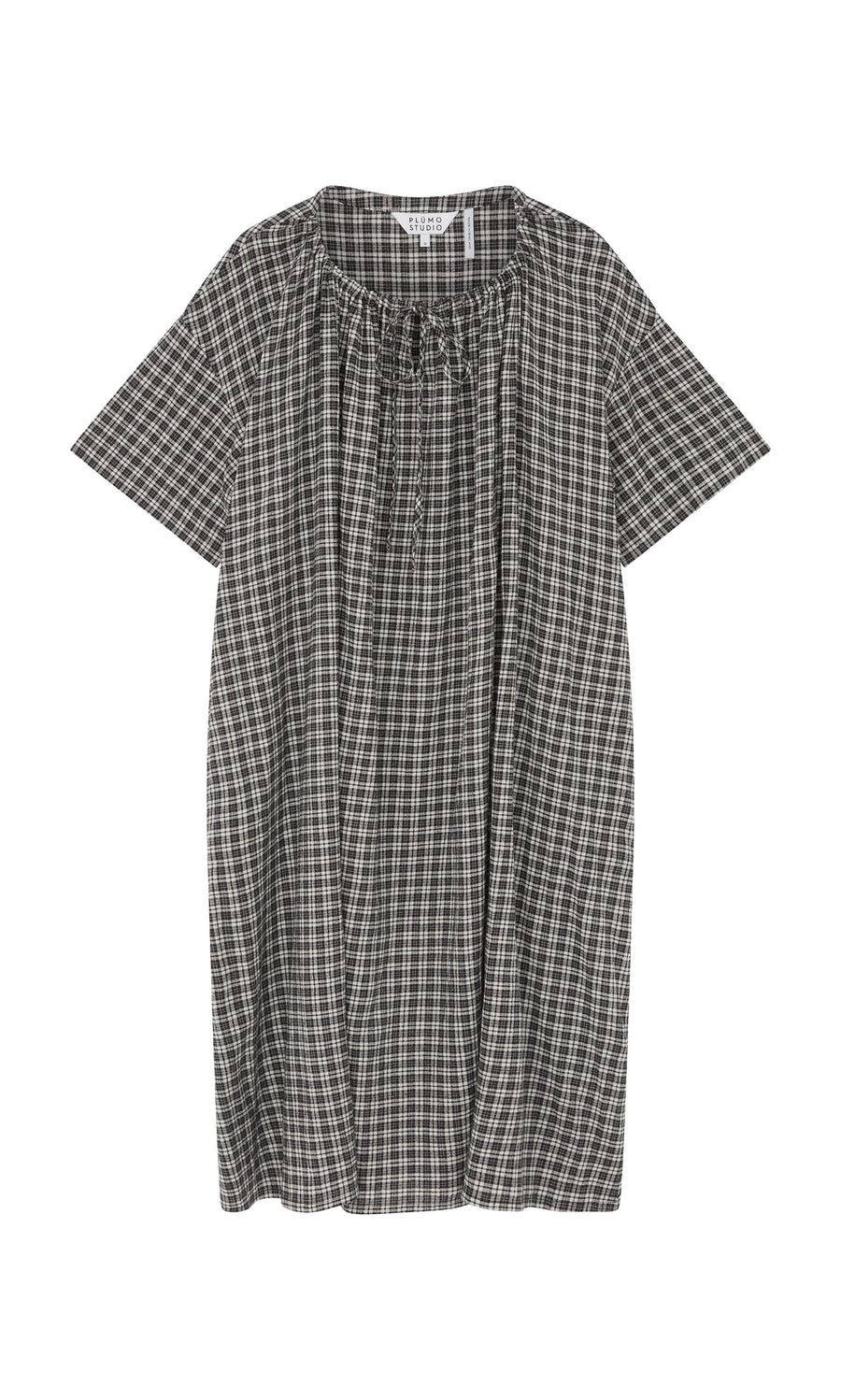 Plümo- The Marin Dress - Plaid is a loose-fit, short-sleeve dress from London with a gathered neckline and front tie.