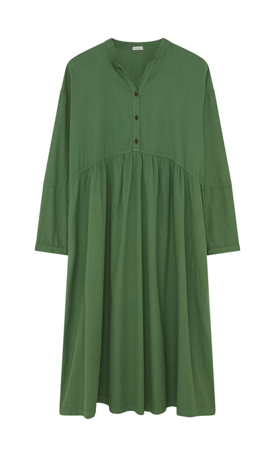 Plümo- Marisol Dress in emerald cotton with V-neck, bracelet-length sleeves, and buttoned front placket.