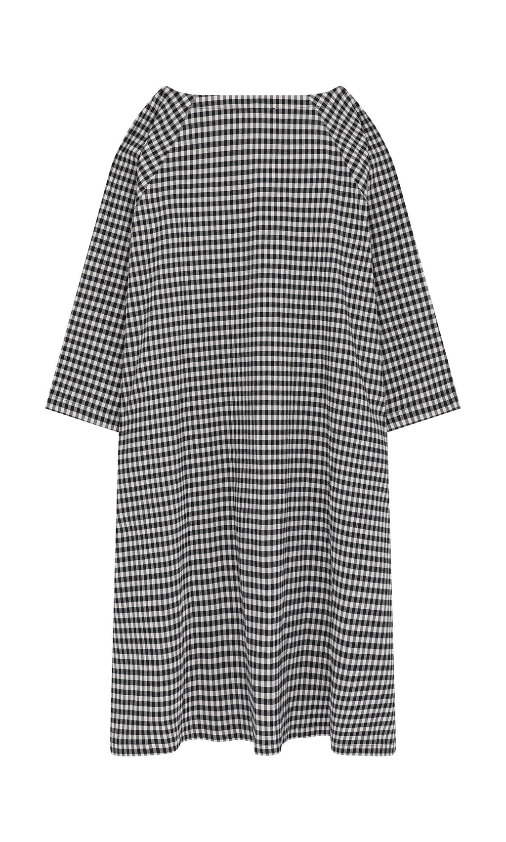 Plümo- Marsell Dress - Gingham: black and white seersucker with elbow-length sleeves, shown on a white background.
