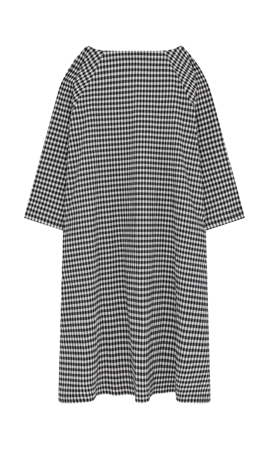 Plümo- Marsell Dress - Gingham: black and white seersucker with elbow-length sleeves, shown on a white background.