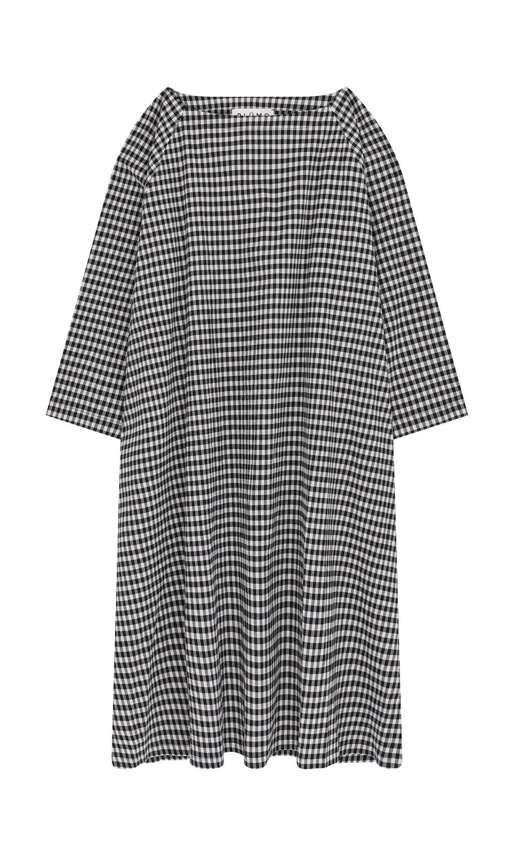 Plümo- The Marsell Dress - Gingham features a loose mid-length trapeze silhouette with elbow-length sleeves.