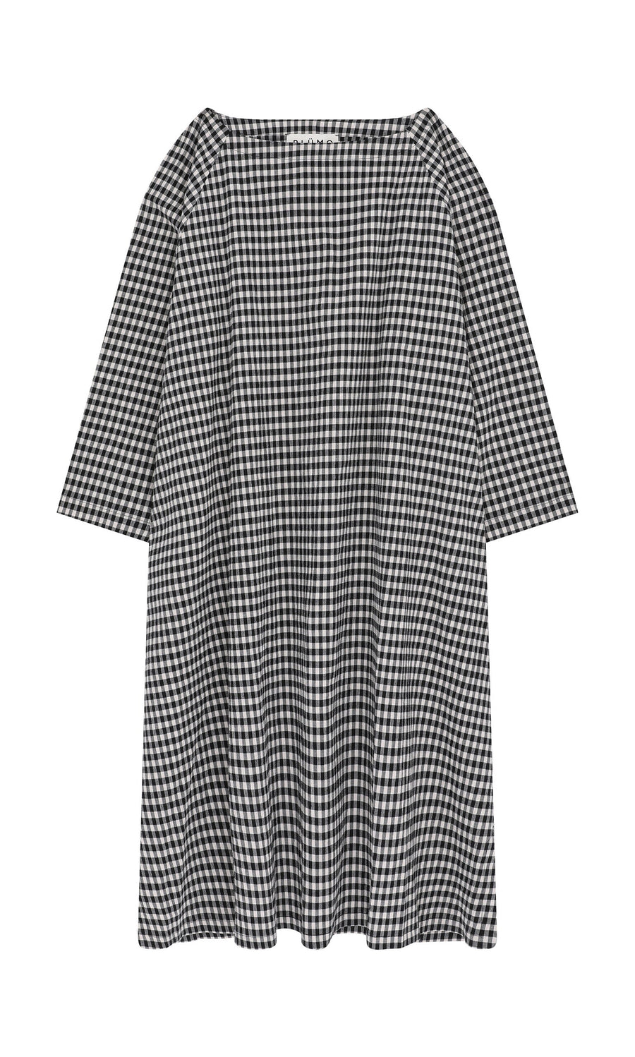 Plümo- The Marsell Dress - Gingham features a loose mid-length trapeze silhouette with elbow-length sleeves.