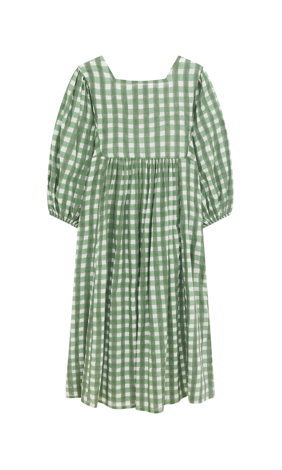 Plümo- The Marta Dress is a green and white folk cotton dress with puffed sleeves and a gathered skirt, sustainably made.