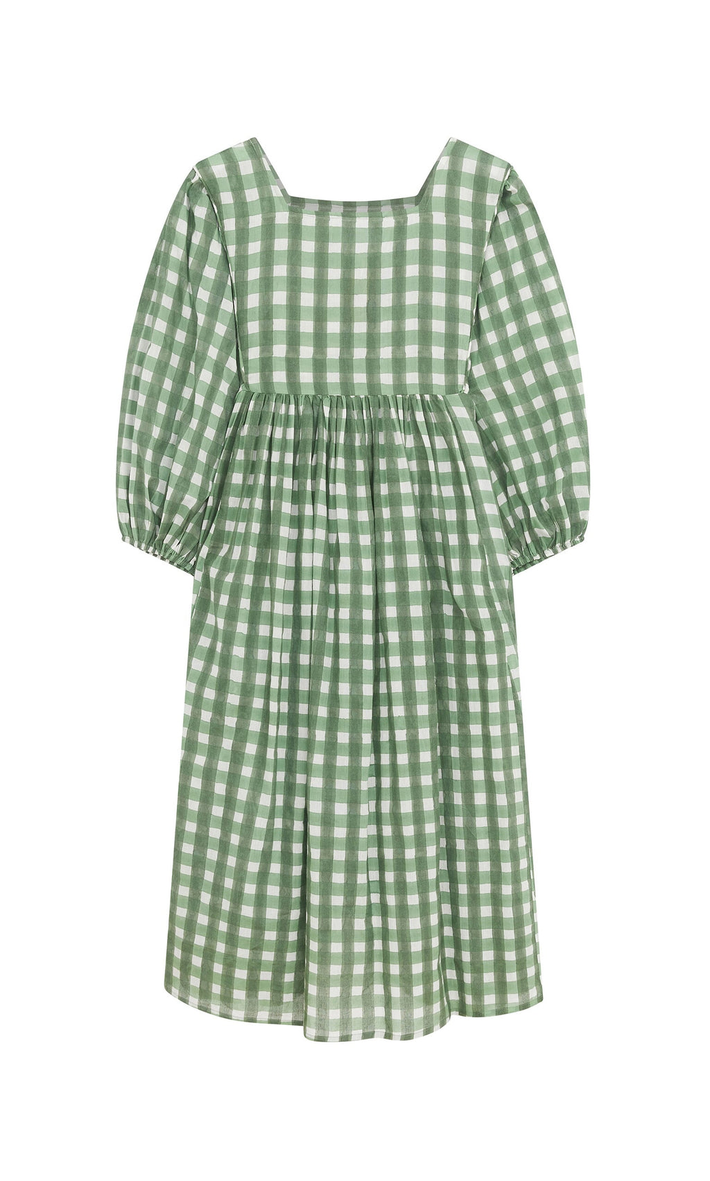 Plümo- The Marta Dress: green and white gingham with puffed sleeves and a gathered waist, shown on a plain background.
