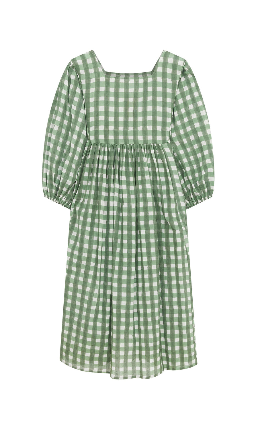 Plümo- The Marta Dress: green and white gingham with puffed sleeves and a gathered waist, shown on a plain background.