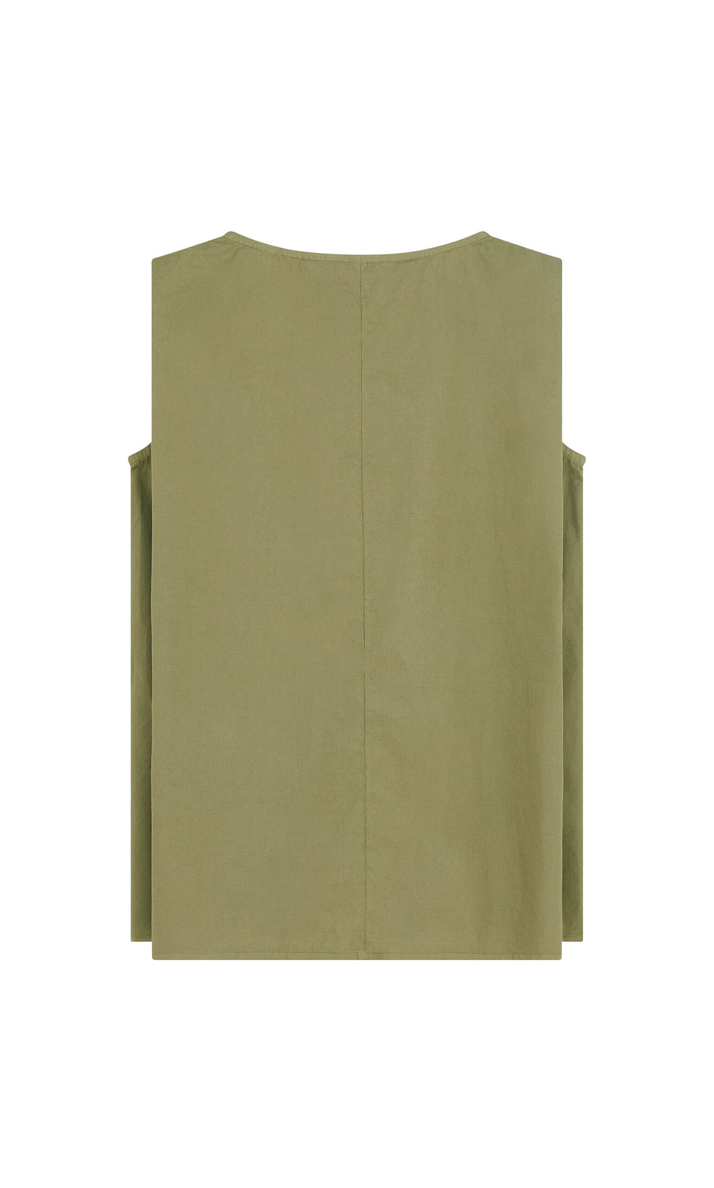 Plümo- Mina Top in Calke Green: sleeveless cotton poplin blouse, garment-dyed, shown from the back on white background.