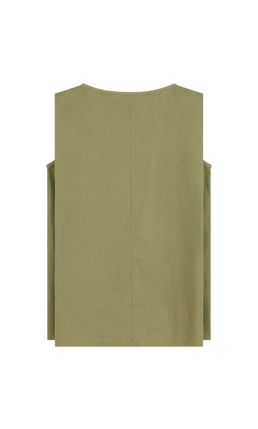 Plümo- Mina Top in Calke Green: sleeveless cotton poplin blouse, garment-dyed, shown from the back on white background.