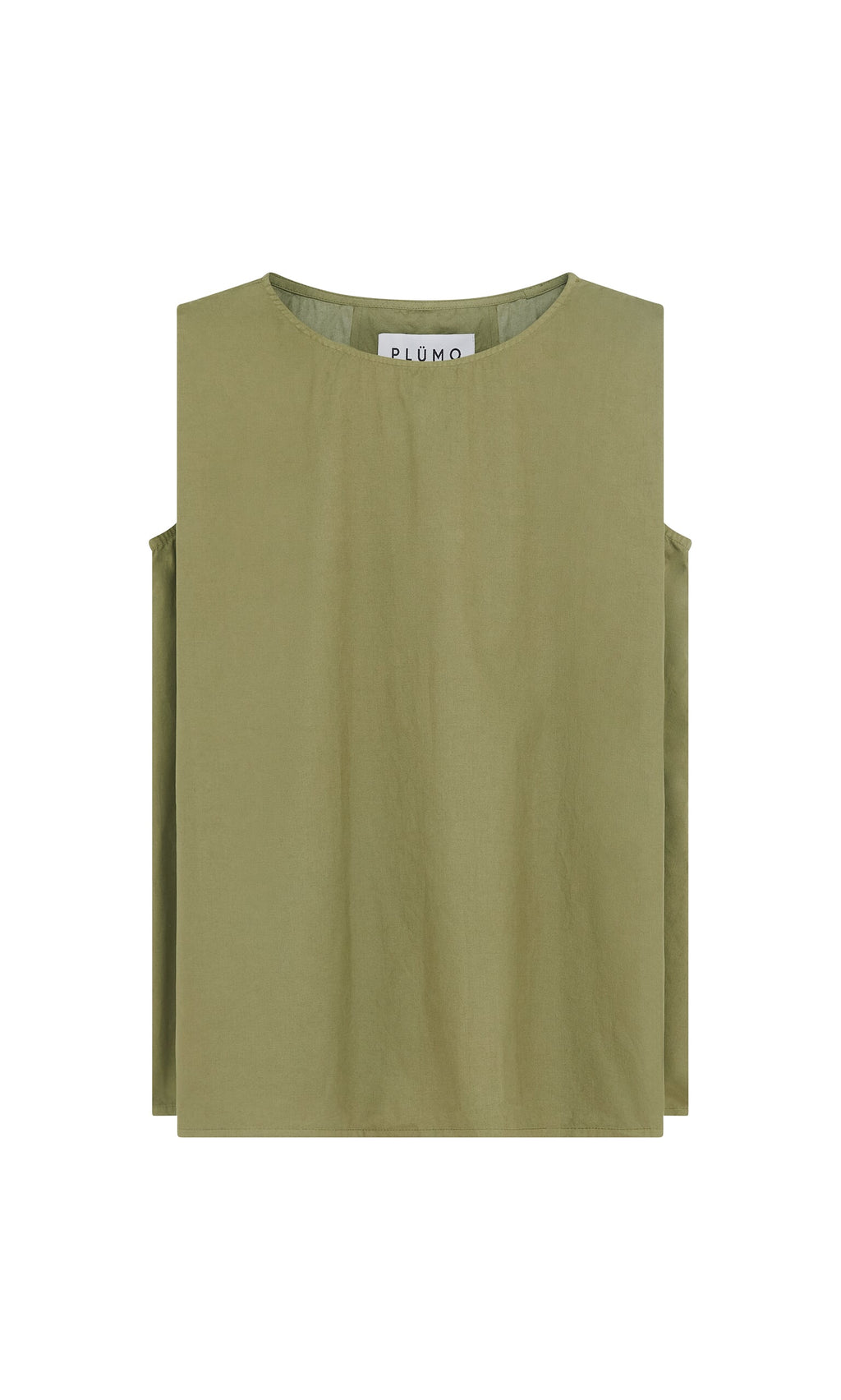 Plümo- Mina Top - Calke Green: Sleeveless, round-neck blouse in garment-dyed cotton poplin by PLÜMO Studio.