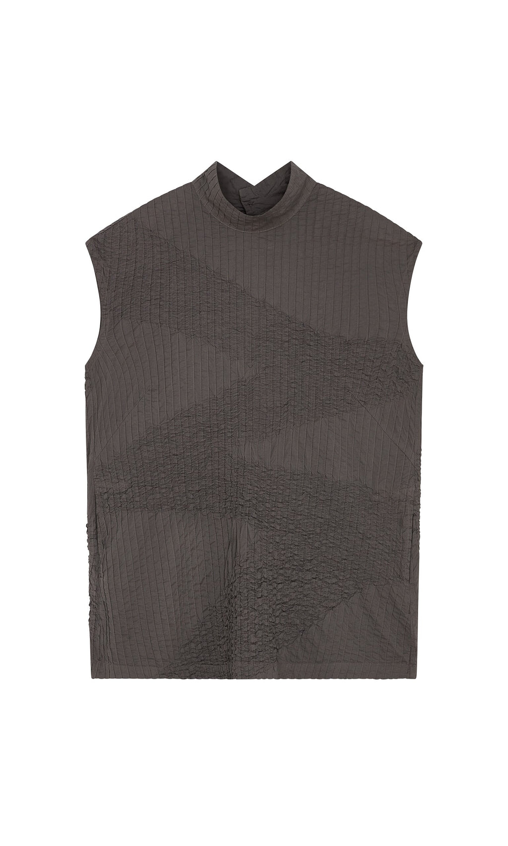 Plümo- Sleeveless dark gray Minato Top with high neckline, subtle geometric pattern, and a boxy silhouette.