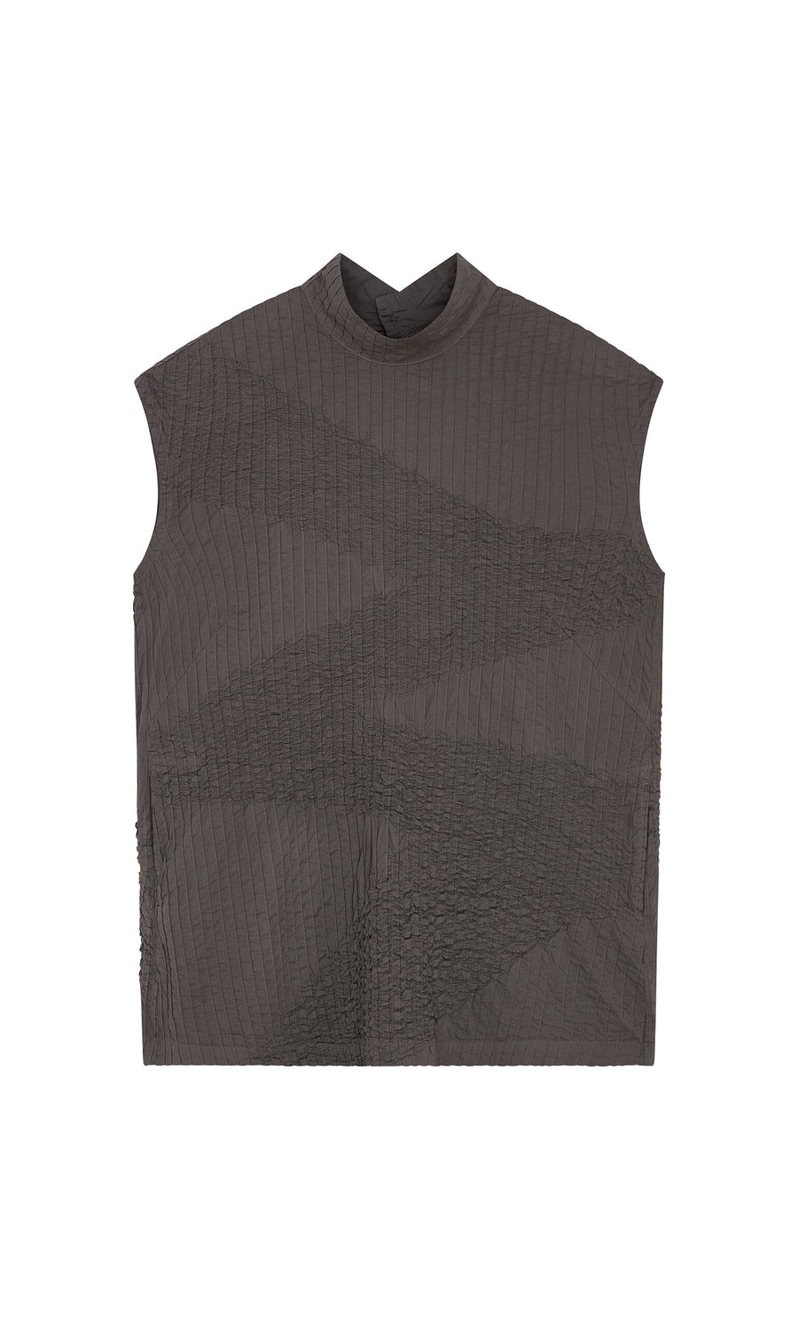 Plümo- Sleeveless dark gray Minato Top with high neckline, subtle geometric pattern, and a boxy silhouette.
