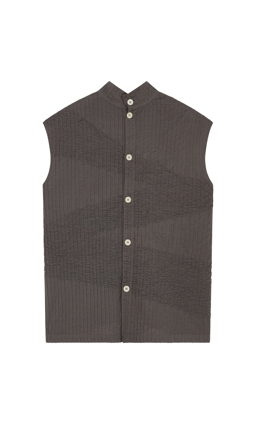 Plümo- Charcoal gray Minato Top: sleeveless tunic with mandarin collar, vertical pintucks, and white buttons.