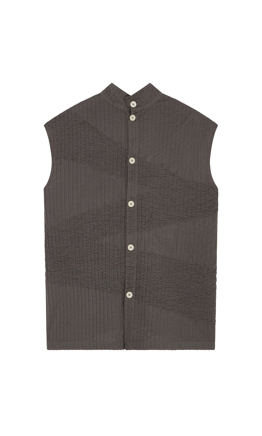 Plümo- Charcoal gray Minato Top: sleeveless tunic with mandarin collar, vertical pintucks, and white buttons.