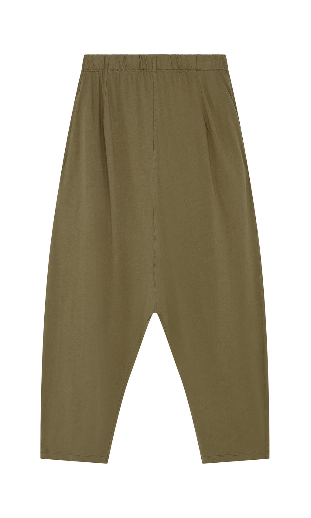 Plümo- Mirana Pants: Loose olive green jersey with Danish design, elastic waist, and dropped crotch, laid flat on white.