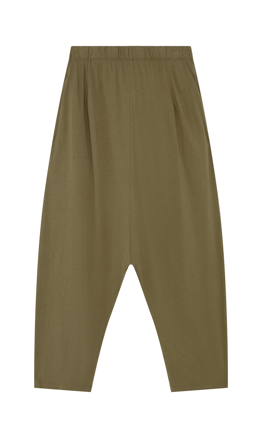 Plümo- Mirana Pants: Loose olive green jersey with Danish design, elastic waist, and dropped crotch, laid flat on white.
