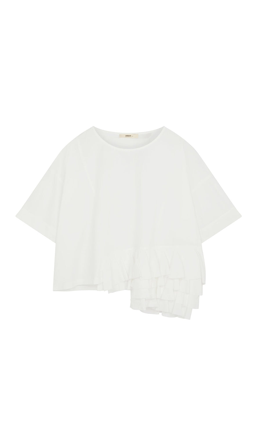 Plümo- Mirelle Blouse: White papery cotton with round neck, layered ruffles, and asymmetric ruffle hem.