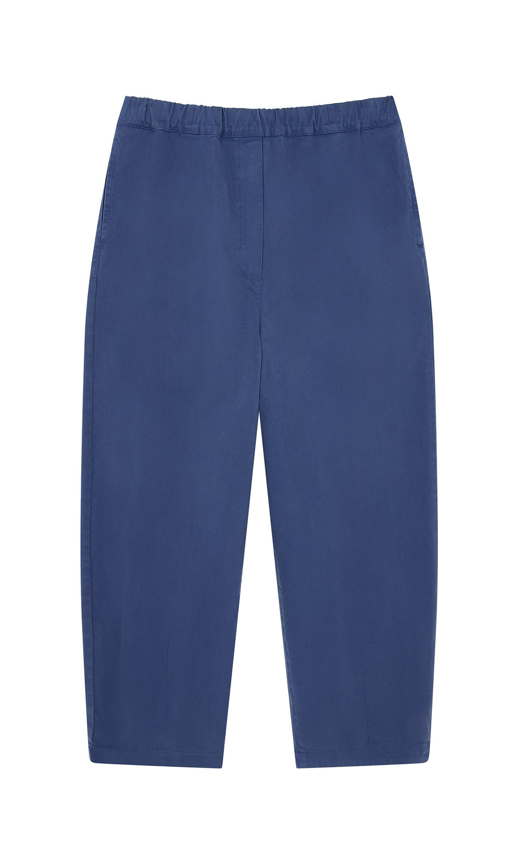 Plümo- The Moulder Pants are straight-leg blue cotton twill with an elasticated waist, shown flat on a white background.