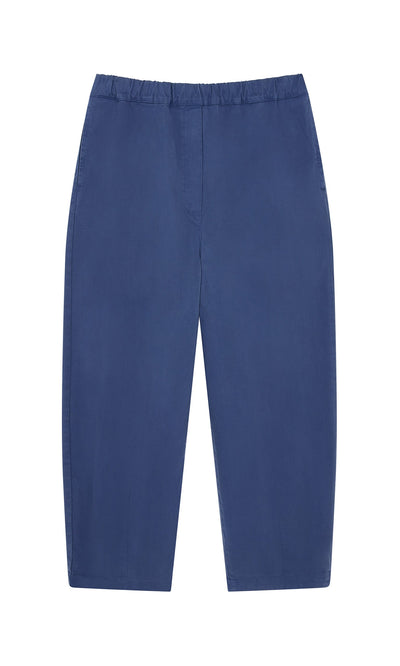 Plümo- The Moulder Pants are straight-leg blue cotton twill with an elasticated waist, shown flat on a white background.