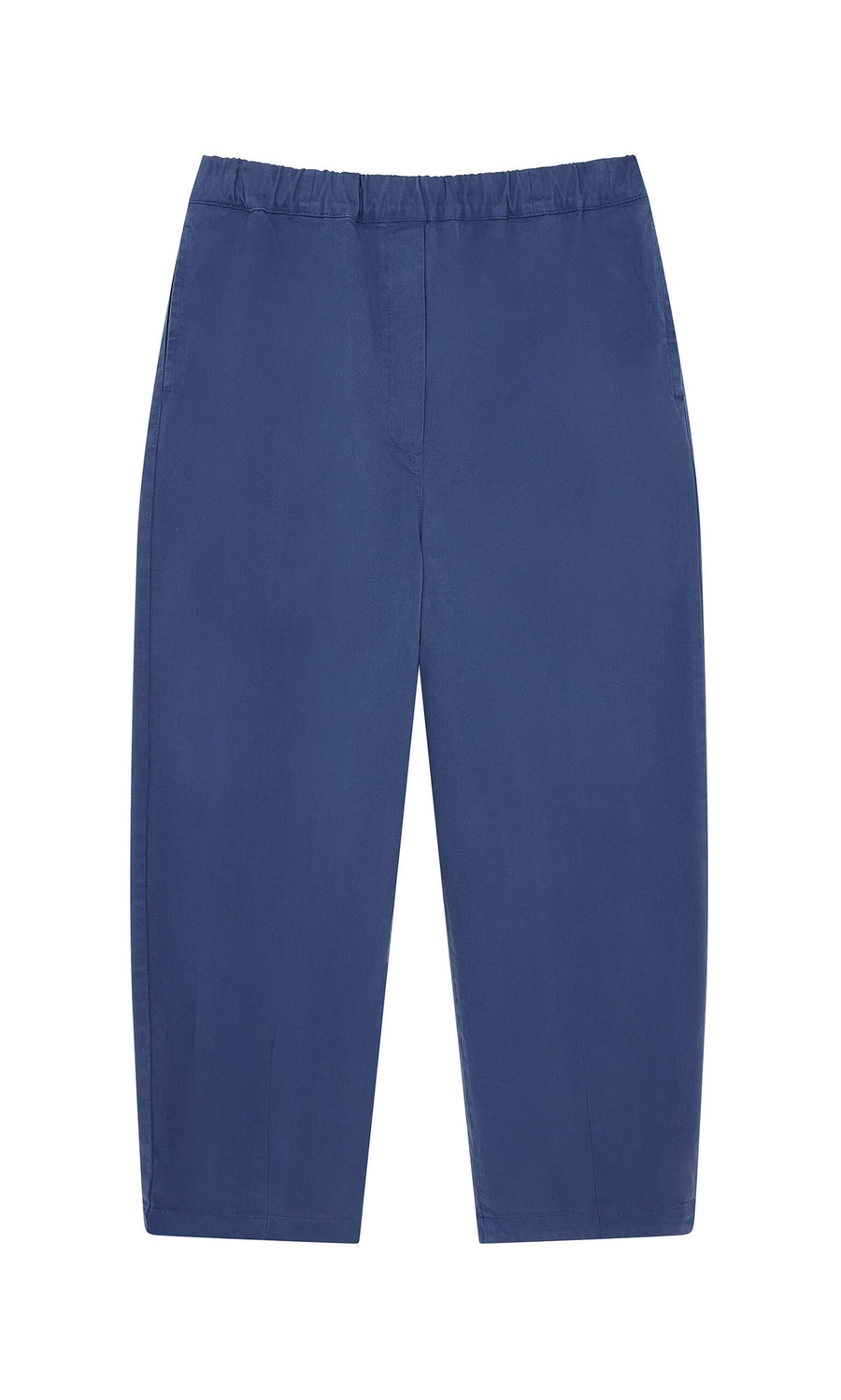 Plümo- The Moulder Pants are straight-leg blue cotton twill with an elasticated waist, shown flat on a white background.