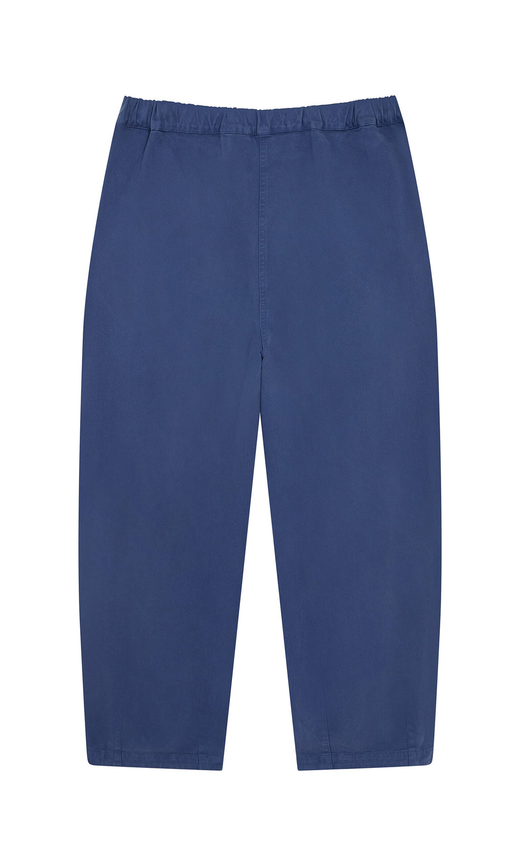 Plümo- Moulder Pants: Blue knee-length cotton twill shorts with elastic waist, shown flat on a white background.