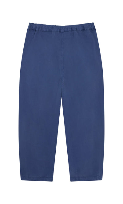 Plümo- Moulder Pants: Blue knee-length cotton twill shorts with elastic waist, shown flat on a white background.