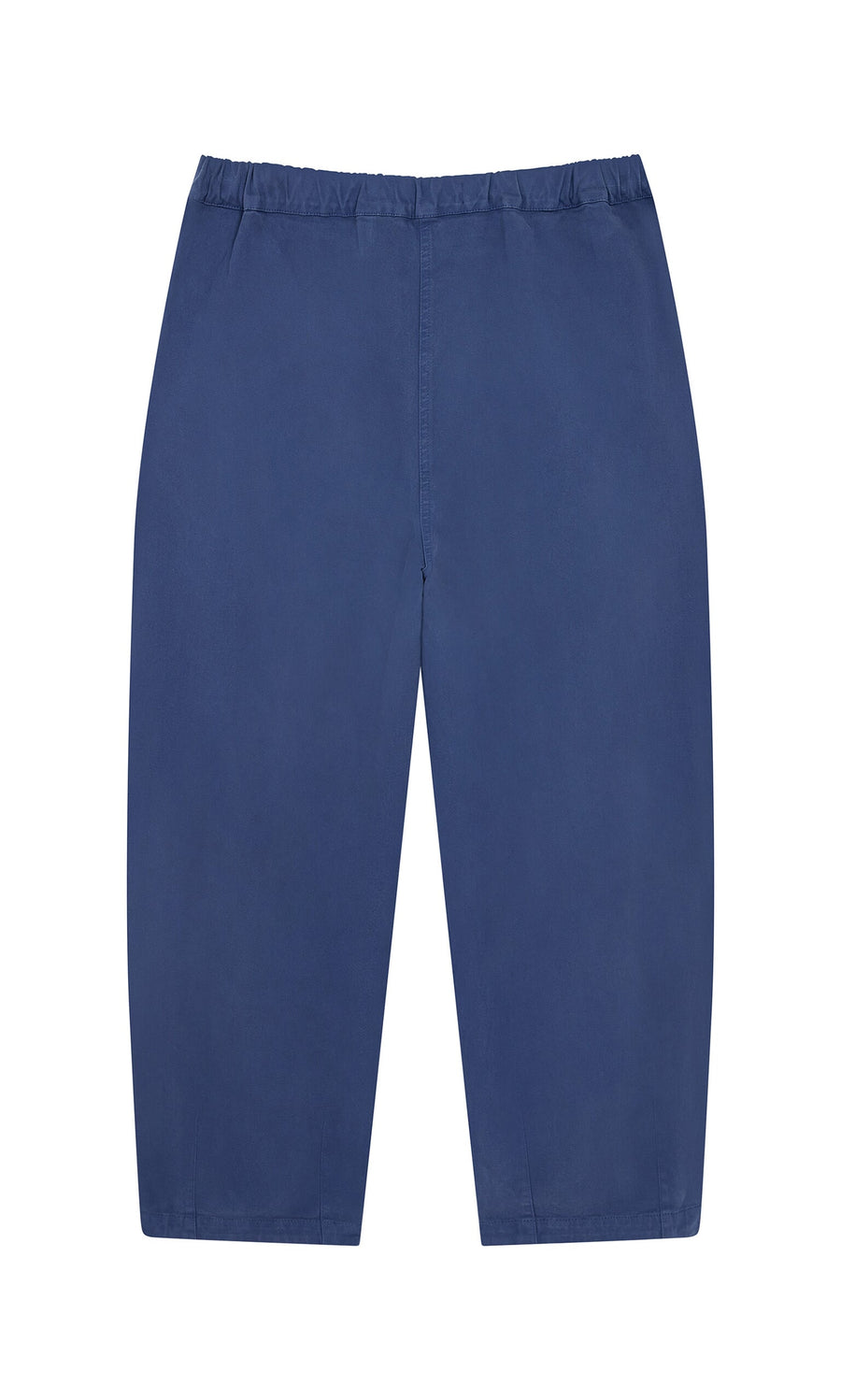 Plümo- Moulder Pants: Blue knee-length cotton twill shorts with elastic waist, shown flat on a white background.