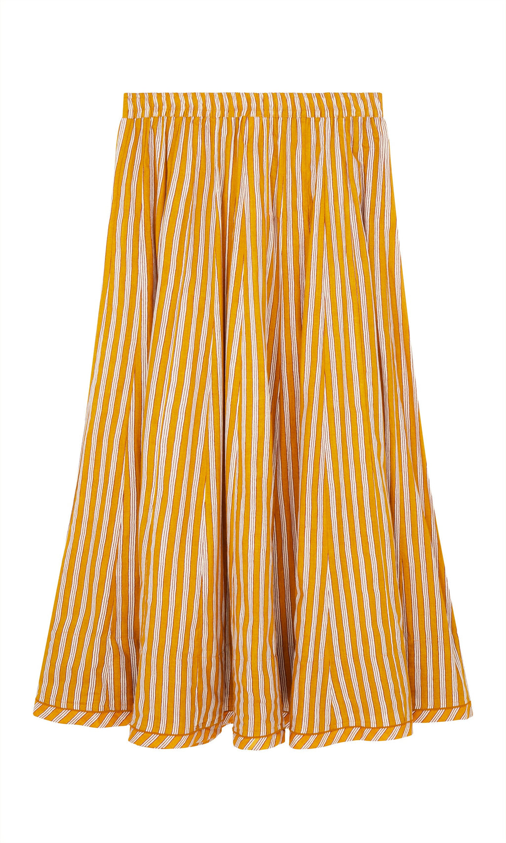 Plümo- The Mustard Skirt is a knee-length, yellow and white striped cotton skirt with a flared shape and elastic waistband.