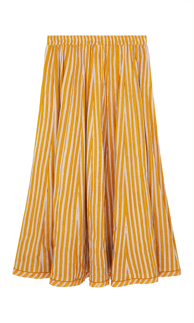 Plümo- The Mustard Skirt is a knee-length, yellow and white striped cotton skirt with a flared shape and elastic waistband.
