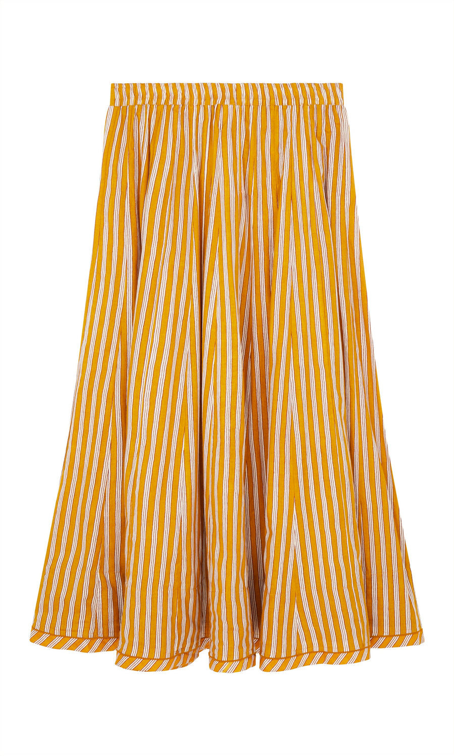 Plümo- The Mustard Skirt is a knee-length, yellow and white striped cotton skirt with a flared shape and elastic waistband.
