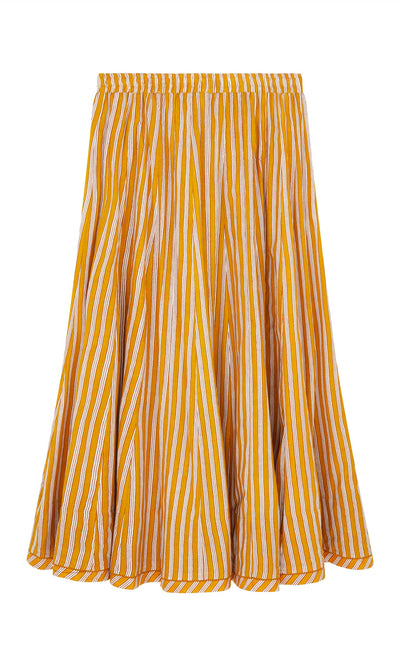 Plümo- Mustard Skirt: Yellow and white striped cotton, elastic waistband, flared silhouette.