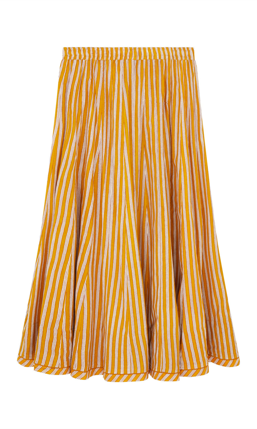 Plümo- Mustard Skirt: Yellow and white striped cotton, elastic waistband, flared silhouette.